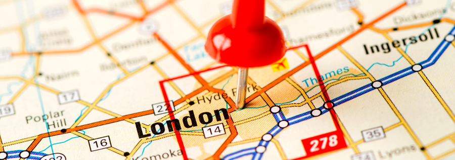 Map of London Ontario with a pushpin showing where London is